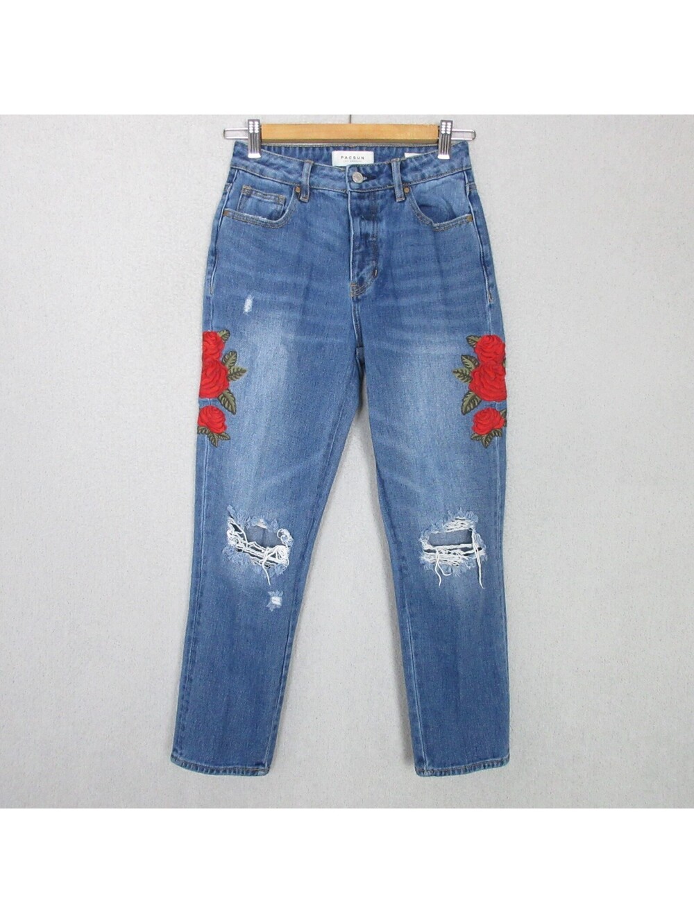Pacsun Mom Jeans Womens 24 High Rise Distressed Embroidered Blue Denim 26x25.5